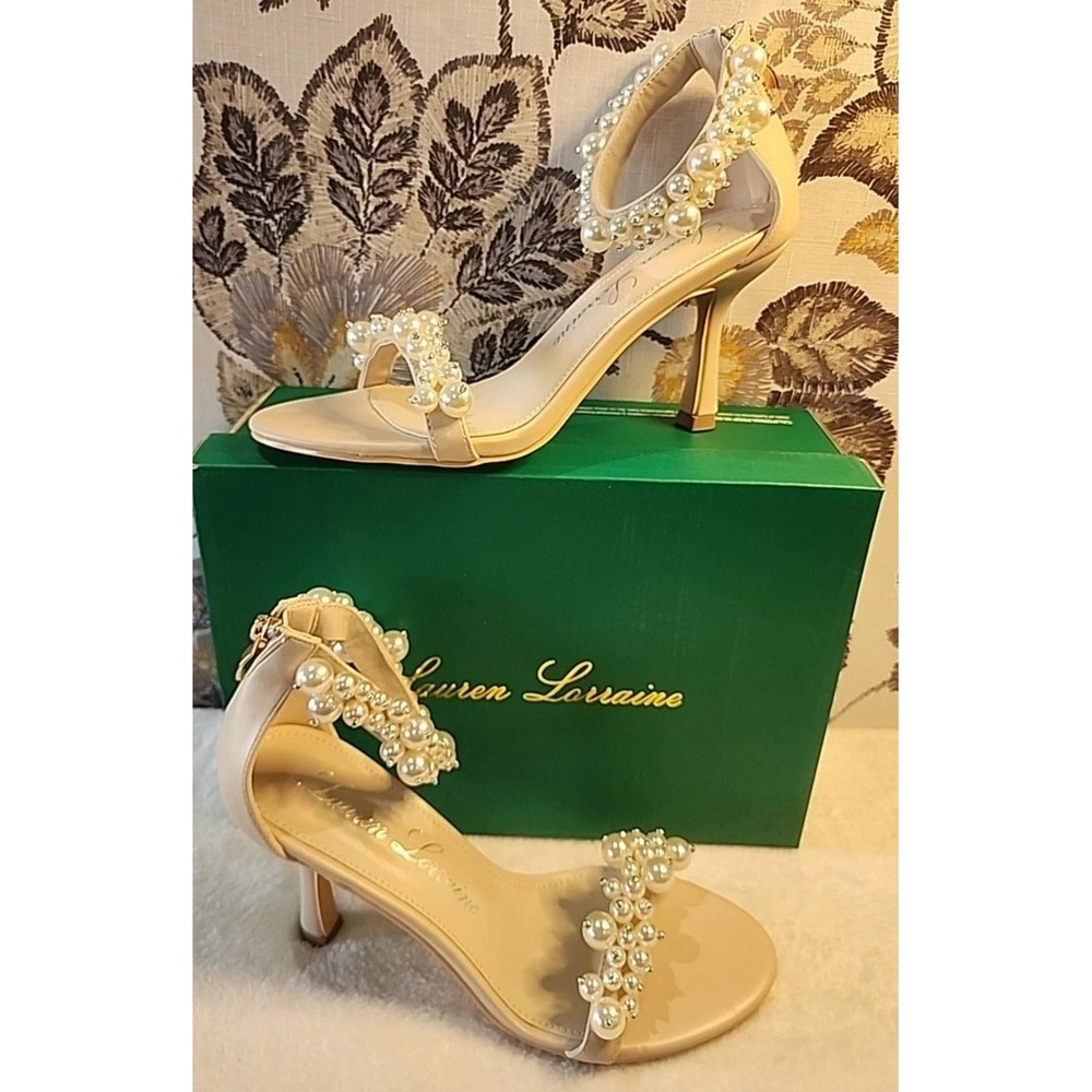 Lauren Lorraine Pearl Embellished Ankle Strap Stiletto Sandals Nude Champagne 8